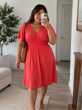 Zara Coral V-Neck Shirred Waist Dress